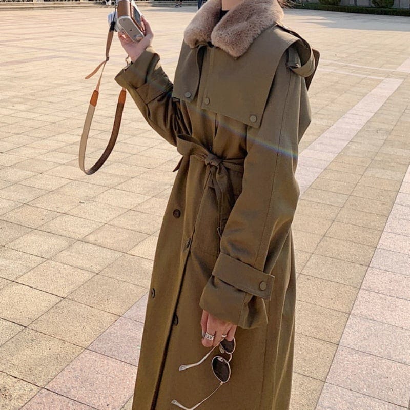 2color レディース コート アウター トレンチコート ファー デザイン ウエストマーク