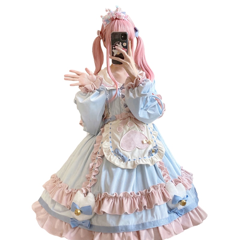 ネコエプロンロリータワンピース 洋装 コスプレ 衣装 森ガール可愛い長袖ロング・マキシ丈ワンピ