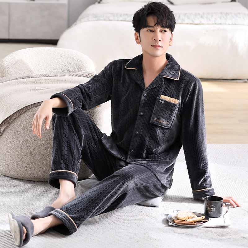 メンズ秋冬パジャマ厚手ベルベット長袖暖かいコーラルベルベットアイランドベルベットホームウェア春秋大きいサイズスーツ