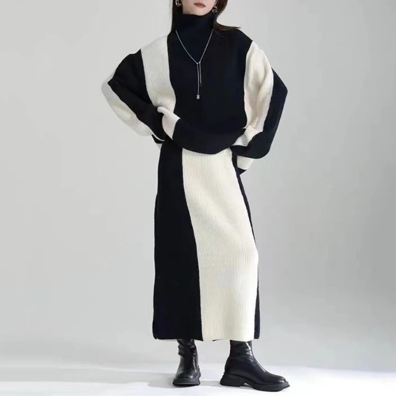2024新作 バイカラー モード系 レディース セットアップ ニット セーター 長袖 タートルネック スカート ロングスカート ワンピース コントラスト 小顔効果 おしゃれ 韓国ファッション