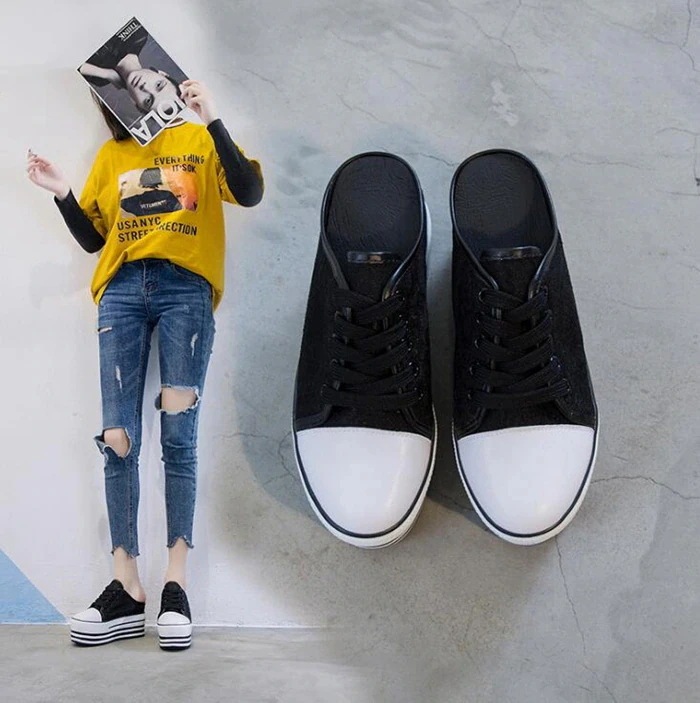 スニーカー スリッポン レディース 厚底 サンダル レース＆刺繍 ローカットスニーカー 厚底 フラットスニーカー ヒール9cm スニーカー レースアップ　シューズ レディース 靴　編み上げ