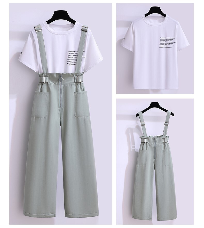 2点セット セットアップ オーバーオール サロペット Tシャツ ワイドレッグ 薄手 薄地 ハイウエスト ポケット 通勤 ホワイト 白 グリーン 緑 夏 パンツ S M L XL パンツスーツ ルーズ