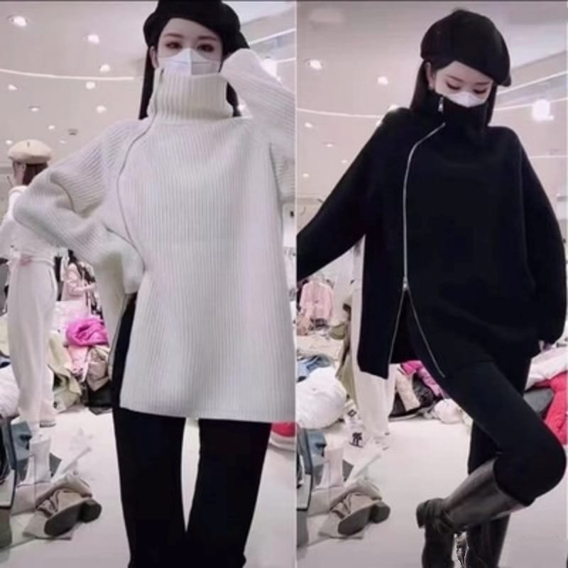 トップス セーター タートルネック 長袖 ワイド アシンメトリー ファスナー 前開き リブニット 伸縮性 ニット キュート かわいい ラブリー 大人可愛い 大人っぽい 大人女子 フェミニン きれいめ