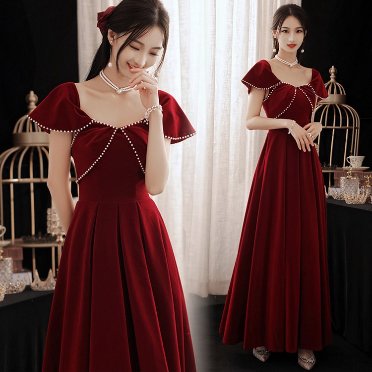 送料無料 結婚式ドレス 二次会ドレス ワイン赤 パール オシャレ エレガント ゲストドレス ワインレッド 3タイプ 7分袖 ロングドレス お呼ばれドレス パーティードレス Aライン 同窓会 成人式 X