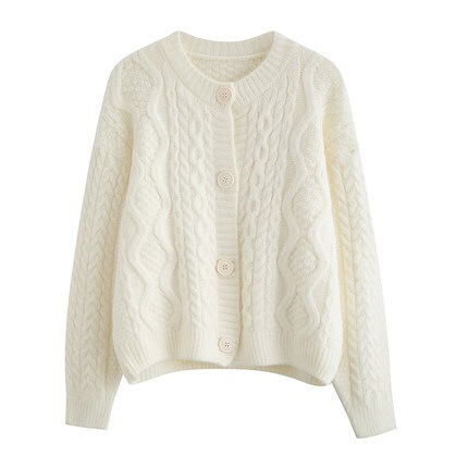 トップス ニットソー カーディガン レギュラー丈 長袖 レギュラー袖 ラウンドネック ストレート 前開き 編み込み ニット 大人可愛い シンプル カジュアル お洒落 こなれ感 ラフ キュート ルーズ