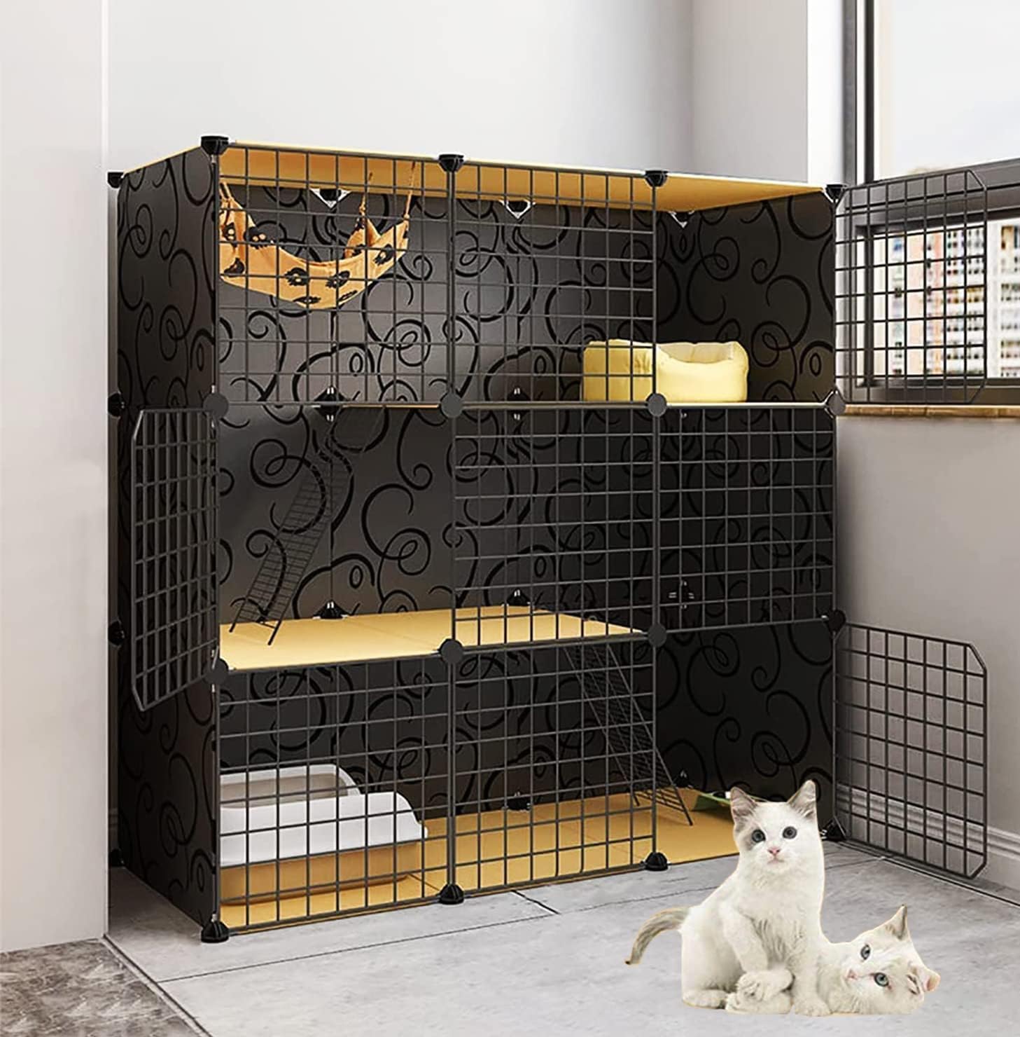 Gguwug 猫 ケージ 大型猫 ケージ 3段 DIYコンビネーション脱走防止 ペット，キャットケージ 大型組立簡単折りたたみ キャットケージ ドア付き猫用ケージ 多頭飼い幅約37×高さ約73cm梯子