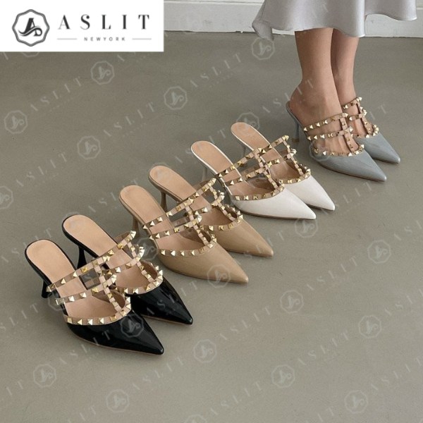 天然皮革 スタッド スタッド スタッド 女性 ハイヒール ミュール スリッパ 7cm ミュールスリッパ ヒール