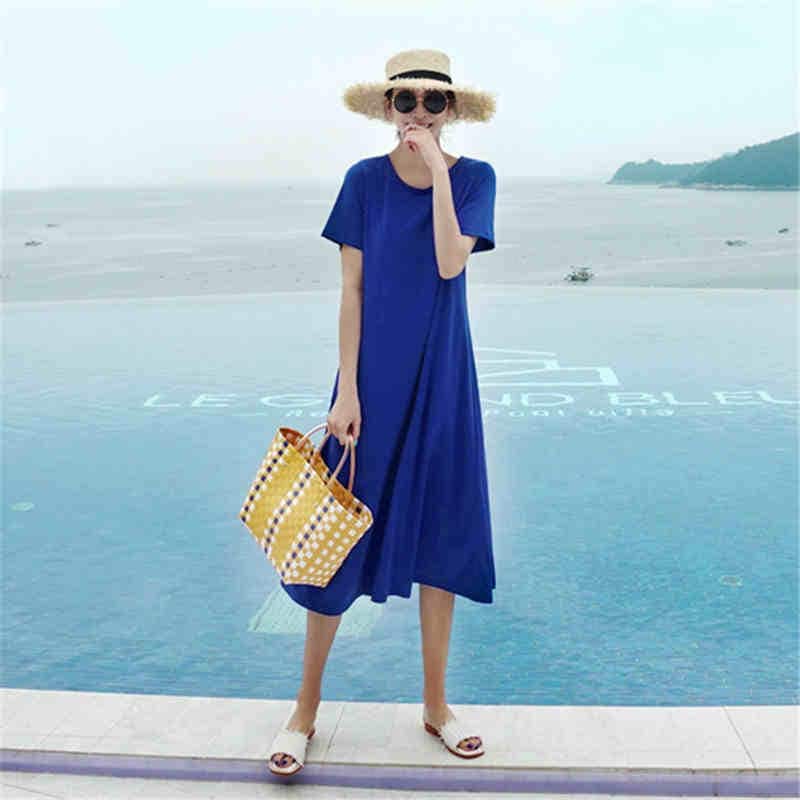 ワンピース レディース 半袖 膝下 ミモレ ラウンドネック 襟なし 大人可愛い シンプル カジュアル おしゃれ ラフ ルーズ 楽ちん ママ 普段使い リゾート 旅行 海 無地 青 黒 S M L XL