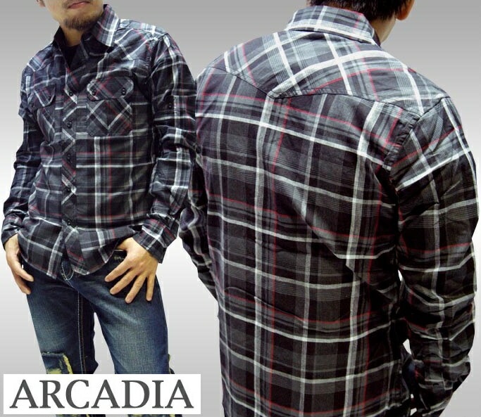 セール アルカディア メンズ ボタンシャツ ARCADIA チェックシャツ ブラック 長袖 シャツ LAセレブ 多数着用 プレミアム ブランド ハリウッド セレブ カジュアル セレカジ ファッショ