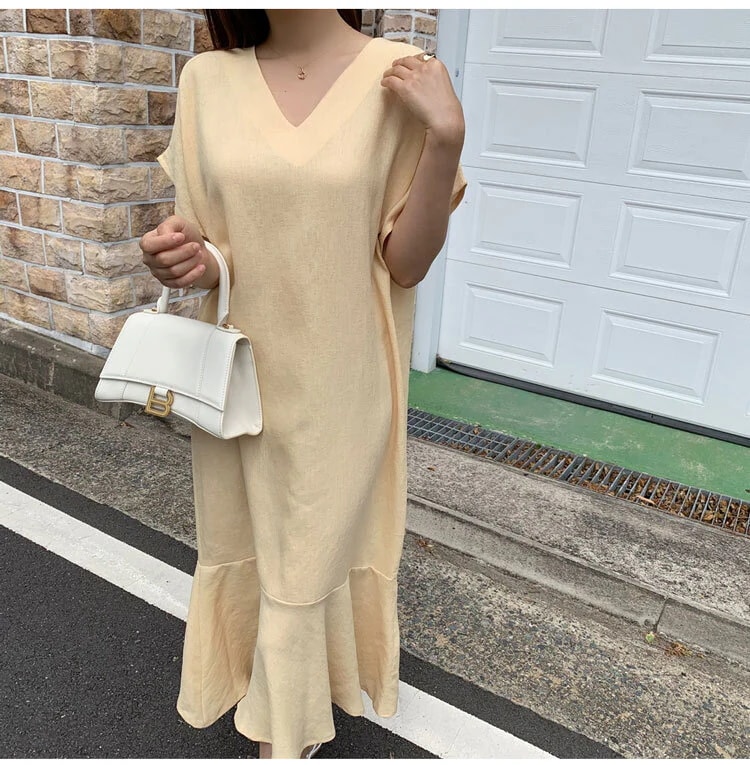 ネック半袖ワンピース ワンピース ロング ロング丈 袖あり 半袖 Vネック マーメイド 切り替えデザイン 綿 麻 リネン かわいい 大人可愛い きれいめ シンプル カジュアル 大人 おしゃれ お洒落