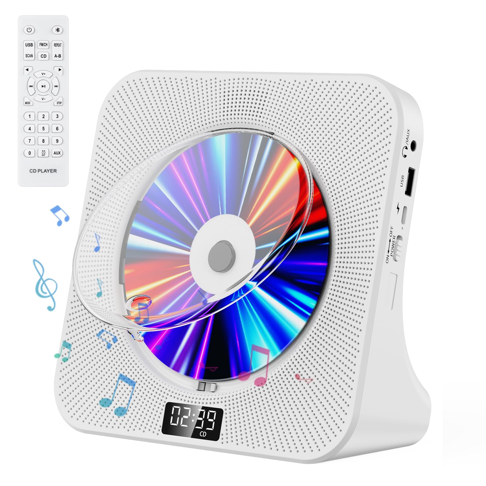 CDプレーヤー デスク Bluetooth受信/送信 HiFiスピーカー内蔵 cdプレイヤー 多機能 FM/LINE/USB再生対応 A-Bリピート再生 CDラジカセ 定時OFF機能 睡眠モード 音楽