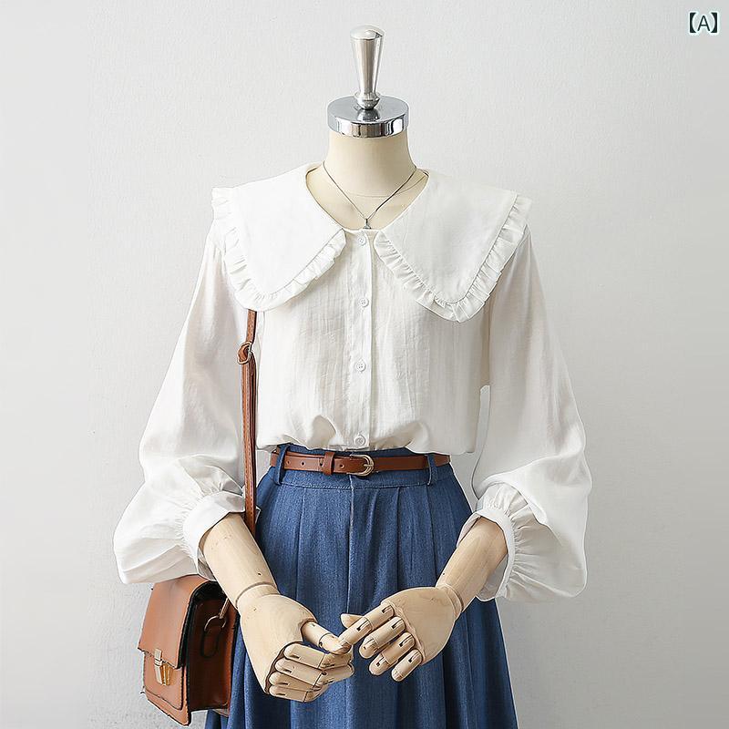 レディース シャツ ブラウス 長袖 春秋 フリルドール襟 秋服 アプリコット 白 ランタンスリーブ シングルブレスト フェミニン ロマンティック スィートデザイン ガーリー おしゃれ ヴィンテージ