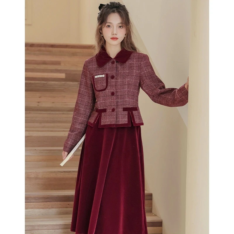 【期間限定特価】2024 新年お返し婚約小祥峰ウールジャケット + ベルベットスカートセットツーピース厚手の婦人服 母の日のプレゼント