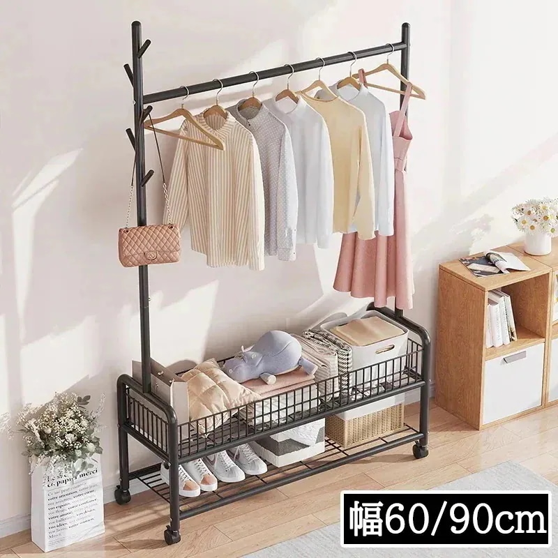 ハンガーラック 頑丈 幅60cm 90cm 棚付き キャスター付き コートハンガー バスケット 洋服掛け コート掛け 収納 多機能 大容量 組立品 たっぷり収納394111