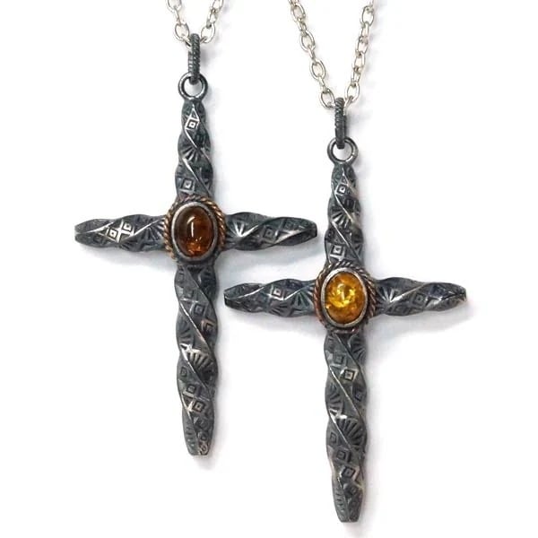 シルバー925 ペンダント ネックレス 天然石 アンバー 琥珀 クロス 十字架 スクリュー メンズ 茶色/黄色