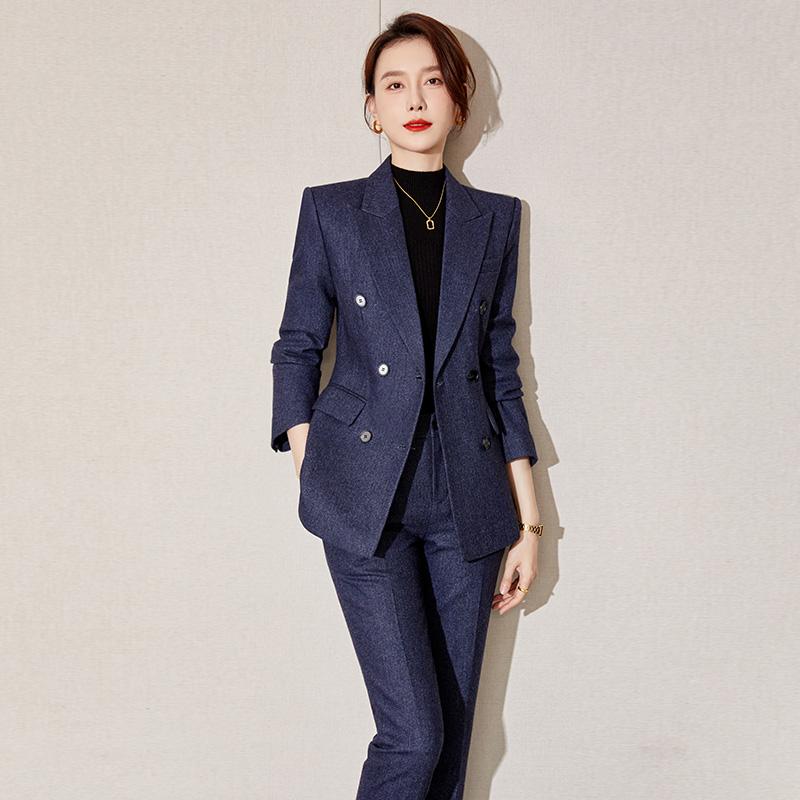 レディース パンツスーツ 紺 上着 ２点 セットアップ 九分丈 ツィード エレガント スーツ襟 ジャケット シック ダブルブレスト スタイリッシュ ビジネスウェア 洗練 オフィス フォーマル スリム 10,139円