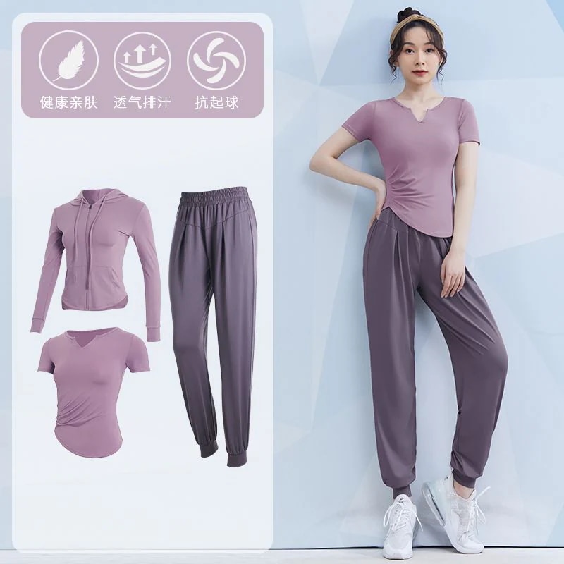 3点セットヨガウェアセット女性用おしゃれヨガウェア新しいスタイルモーニングランニングスポーツウェアショートスリーブプロフェッショナルピラティストレーニングジムウェア