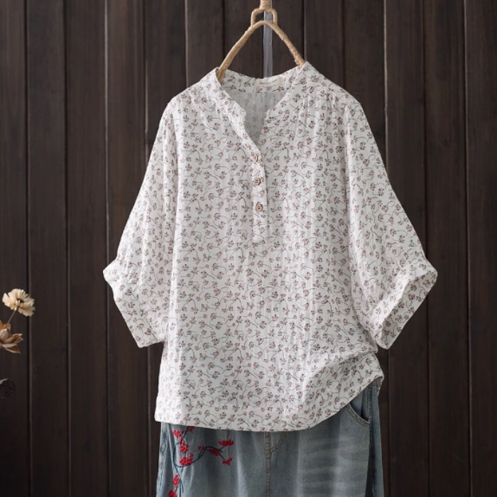 レディース トップス シャツ ブラウス 5分袖 Vネック 襟なし ワイド フェミニン ボタン 薄手 コットン かわいい 大人可愛い きれいめ シンプル カジュアル 上品 おしゃれ レトロ こなれ感