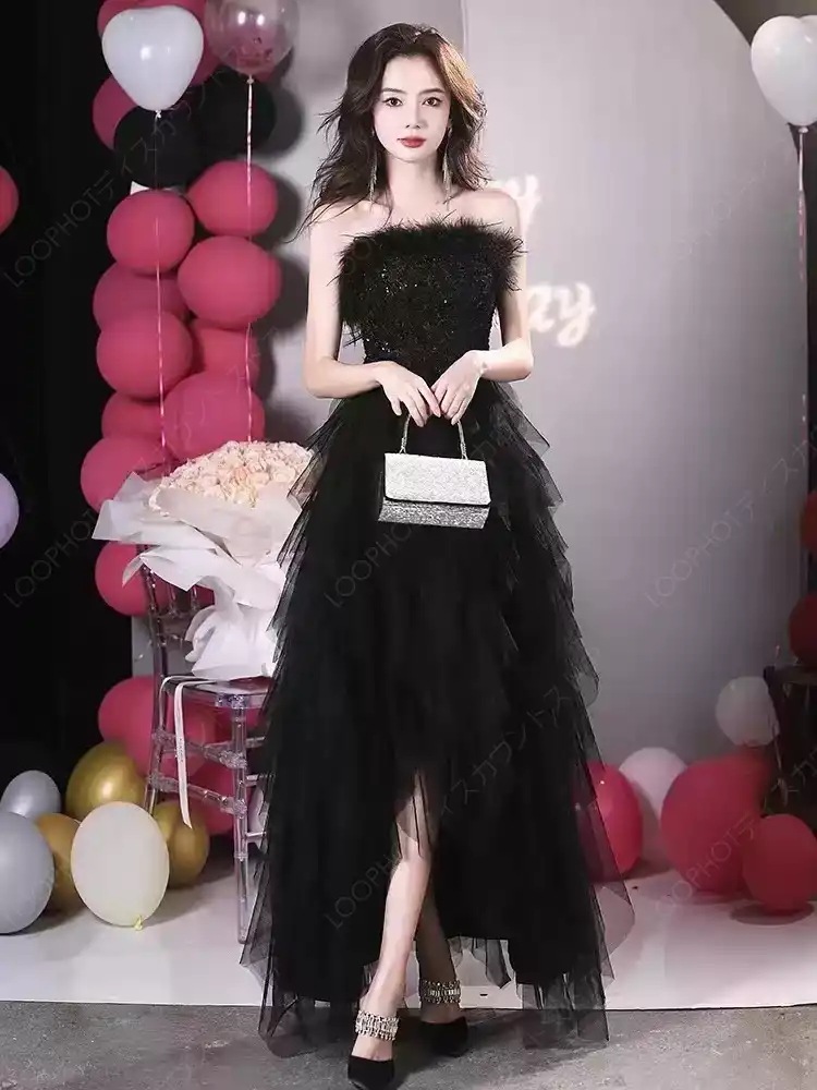 ウエディングドレス エンパイア トレーンドレス 結婚式 前ミニ ウェディングドレス ロングドレス 花嫁 パーティードレス 披露宴 二次会 ブライダル ブラック ホワイ-18