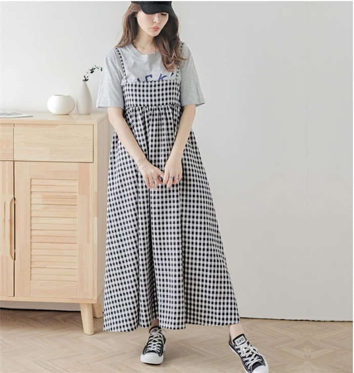 ジャンパースカート サロペット レディース 50代 ロング ワンピース キャミソールワンピース ゆったり 夏 ジャンパースカート 春 夏 チェック柄 バックリボン Aライン オールインワン 重ね着 無
