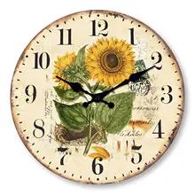 レトロな木の2つのひまわりデザインの壁時計滑り止めサイレントリビングルームの装飾家の装飾1個