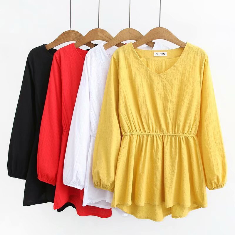 ビッグサイズ女性春緩い大きな中長ウエスト長袖シャツ トップス シャツ 白シャツ ミディアム丈 長袖 Vネック ワイド シフォン ウエストマーク 大人可愛い きれいめ シンプル カジュアル 大人