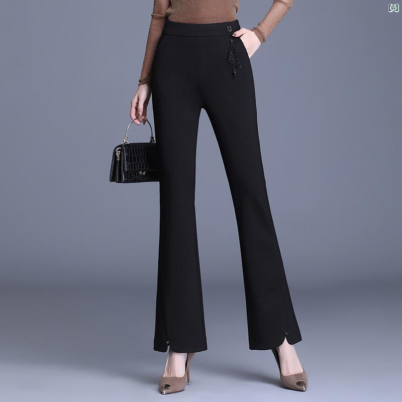 レディース　ファッション　オシャレ　シンプル ベルボトムパンツ 春秋 ブラック カジュアル パンツ ハイウエスト スリム ブーツ カット パンツ ストレッチ ロング