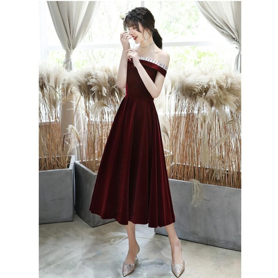 パーティードレス 結婚式 オフショルダー ウエディングドレス ミモレ丈ドレス 大きいサイズ Aライン