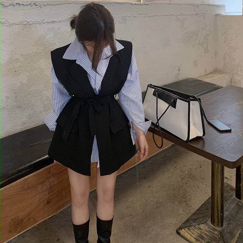 トップス アウター シャツ ベスト 袖なし 袖あり ノースリーブ 長袖 襟付き リボン ベルト ウエストマーク 2点セット ツーピース お得 かわいい 大人可愛い きれいめ シンプル カジュアル wt