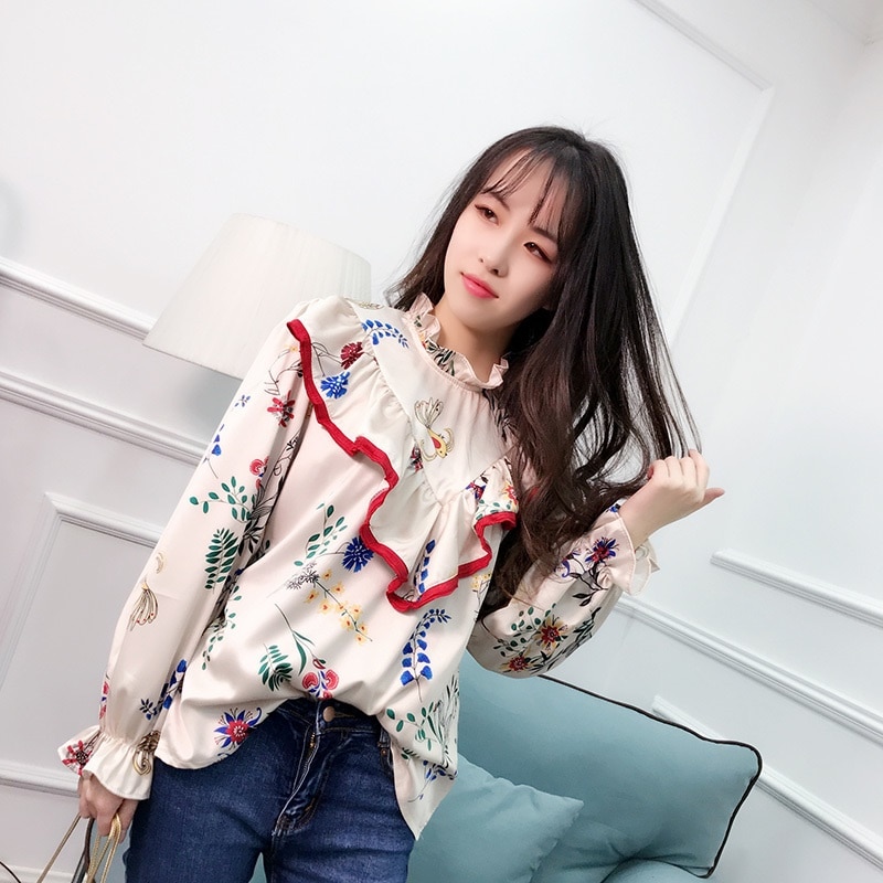 2416.花柄フリンジ長袖ブラウス（ホワイト）2019 春秋 カジュアル お出かけ 買い物 おしゃれ