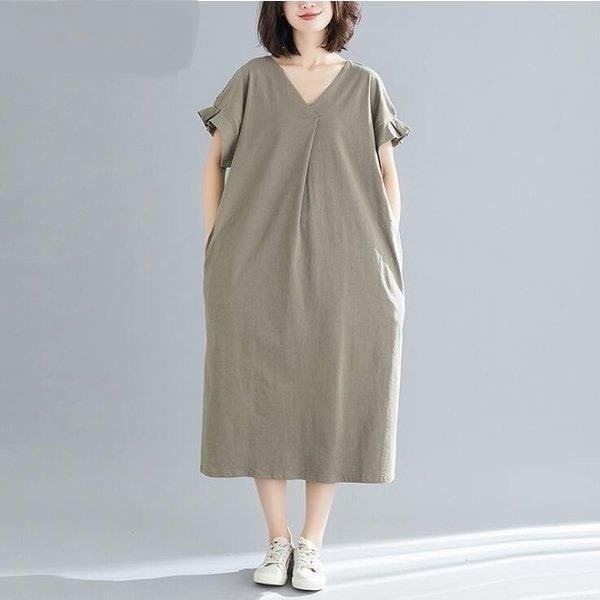 ワンピース レディース フレアスリーブ リネンワンピース Vネック スリット マキシワンピース 大き