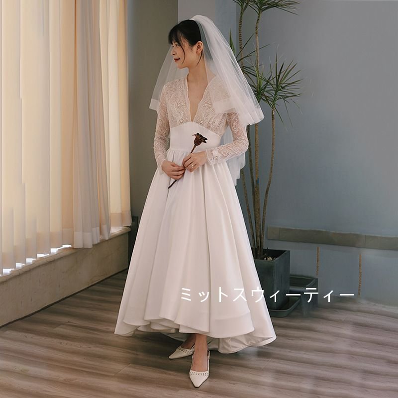 マキシ丈ドレス ウエディングドレス披露宴 結婚式 挙式 長袖 ウェデイングドレス 花嫁 二次会