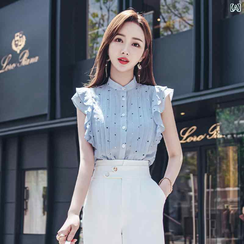 レディース シフォン シャツ 夏 フリル ウエスタン 小さめ シャツ 水玉 トップスス