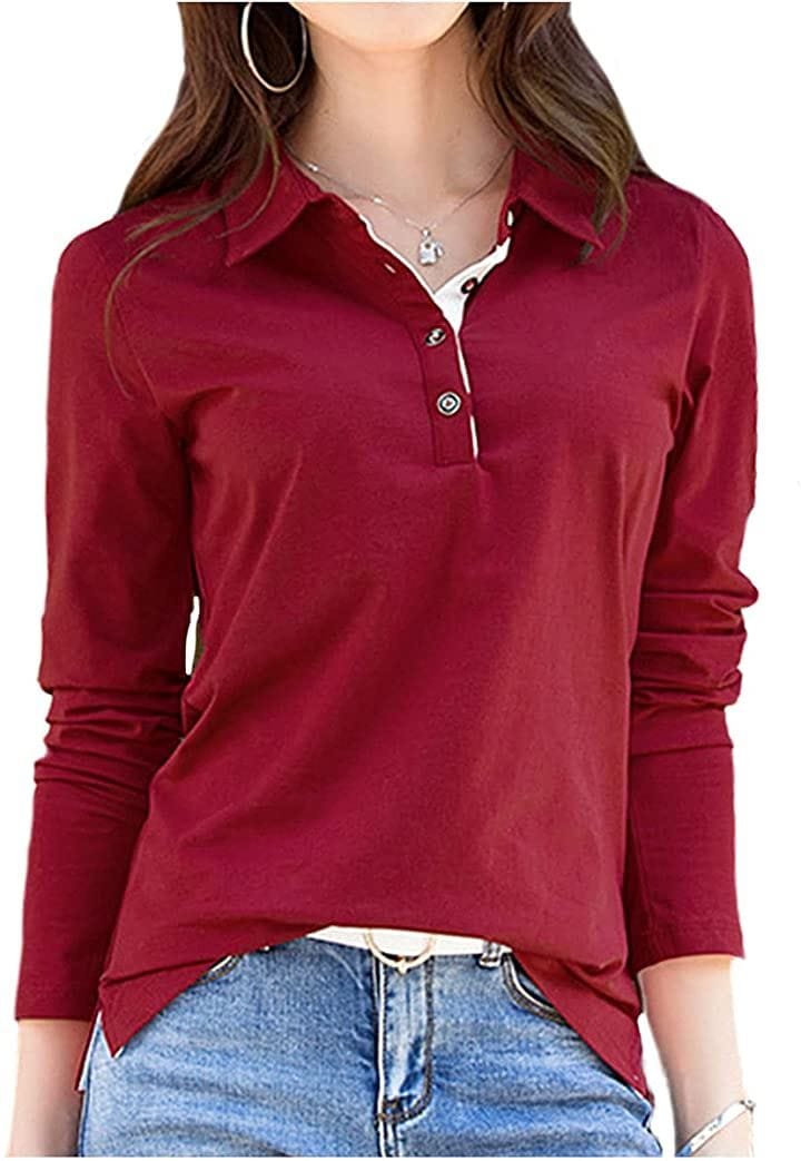 スリージョイ ポロシャツ 長袖 トップス 襟付き スリム カジュアル ボタン レディース(レッド/Bタイプ, M)