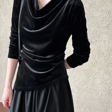 レディース トップス カットソー プルオーバー ミディアム 長袖 ドレープ タイト スリム 細身 アシンメトリー 異国風 コンサバ かわいい 大人可愛い シンプル 上品 おしゃれ こなれ感 ラフ