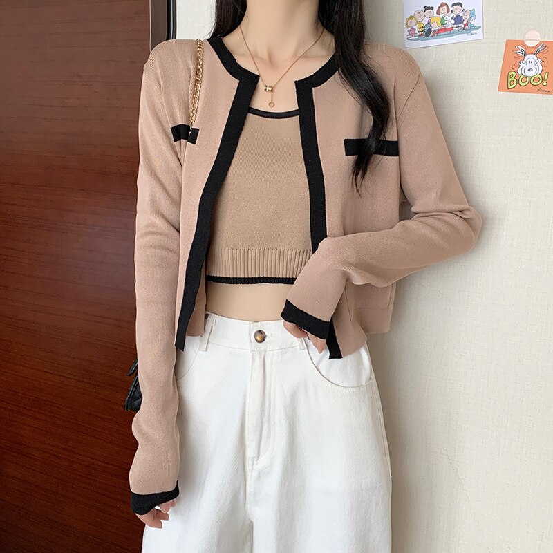 ベーシックニット カーディガン あったか！カシミヤタッチ 長袖ブラウス 二点セット ニットキャミソール ニットカーディガン 切り替え ショット丈 長袖 おしゃれレイヤードトップス 冬アウター ブラウス