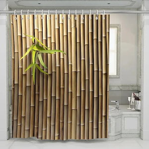 フック付き防水竹シャワーカーテン バスルーム用 自然な風景 背景 壁の装飾 スクリーン 黄色 緑