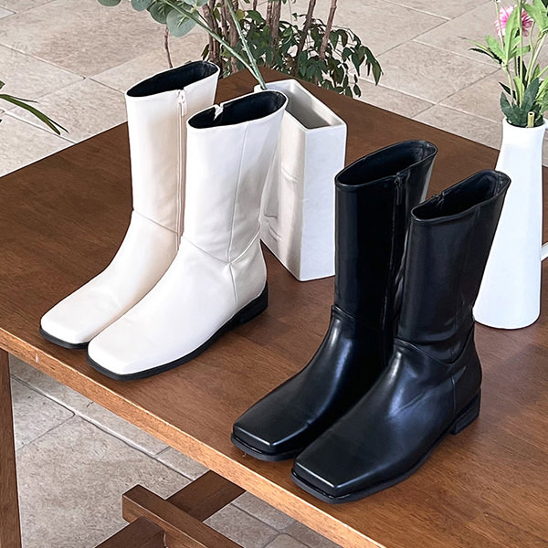 ミドルブーツ スクエアトゥ サイドジップ フラット レディース 黒 アイボリー 靴 婦人靴 韓国