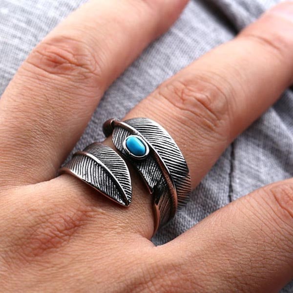 ターコイズフェザーステンレスリング（ZRO003）指輪 フリーサイズ 15-34号 調整可能 トルコ石 羽根 翼 鷲ワシ鷹タカ 男性 女性 人気 親指 人差し指 中指 薬指 r1154xxxxxxxx