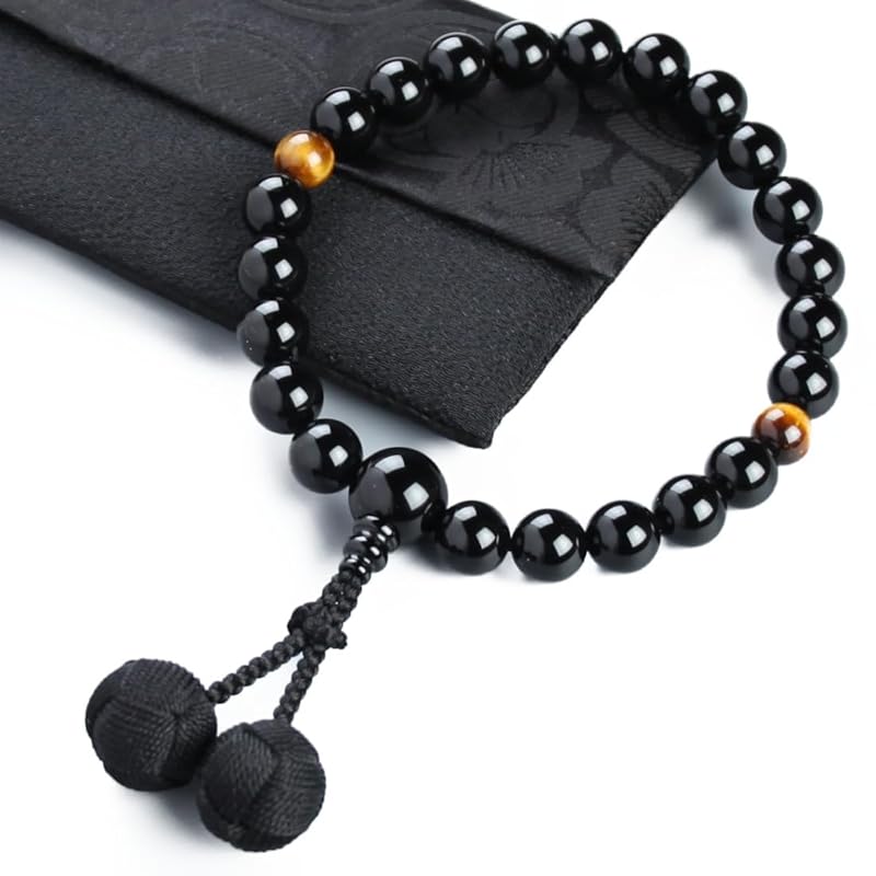 念珠堂 日本製 数珠 男性用 高級天然石 黒オニキス 22玉 虎目石 入 梵天房 【 房色 黒 】【 数珠袋 付き】 全ての宗派で使える 国産 手作り 念珠 念誦 【創業80余年 老舗数珠メーキッチン収納