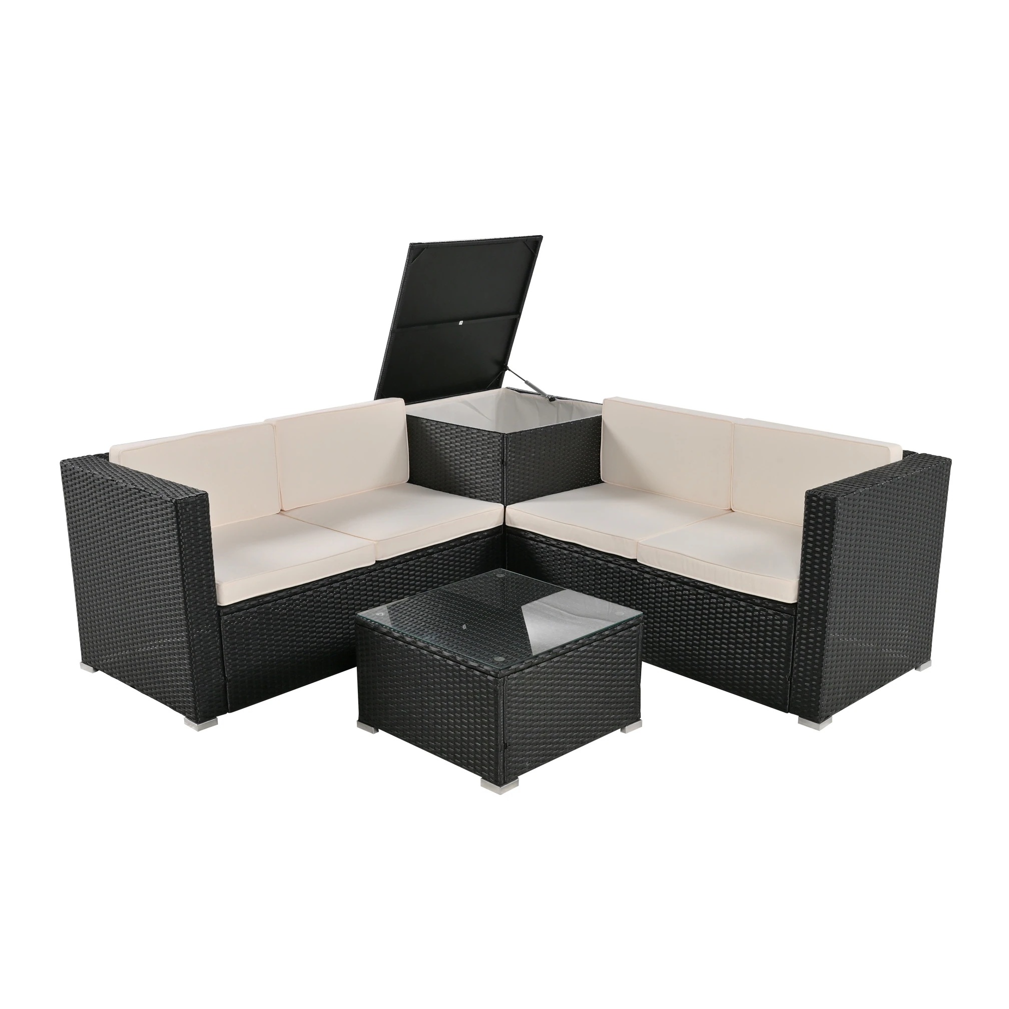 ガーデンファニチャー 4点 収納付き ガーデン クッション付き ラタン調 家具 アウトドア ソファーセット ホテル カフェ ベランダ 高級 おしゃれ【ホワイト】 36,134円