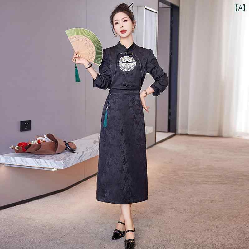 レディース ファッション カジュアル セットアップ スーツ 春 チャイナ風 刺繍 クボタン トップス ハイウエスト カバー ヒップ デザイン ジャカード スカート 2点 セット