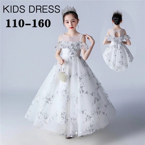 キッズドレス 花柄 ドレス ピアノ 発表会 結婚式 ロング丈 子供ドレス ワンピース オープンショルダー 半袖 透け感 お姫様 刺繍 ブルー チュール 女の子 子供 フレア 誕生日プレゼント ギフト