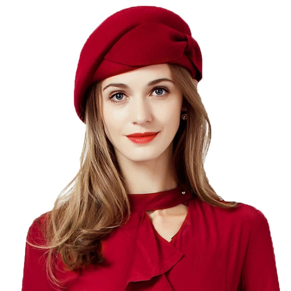 女性用ウェディングハット ヴィンテージ ウール フェルト ベレー帽 レディース パール ファシネーター 秋冬 キャップ リボン 教会 フェドラ