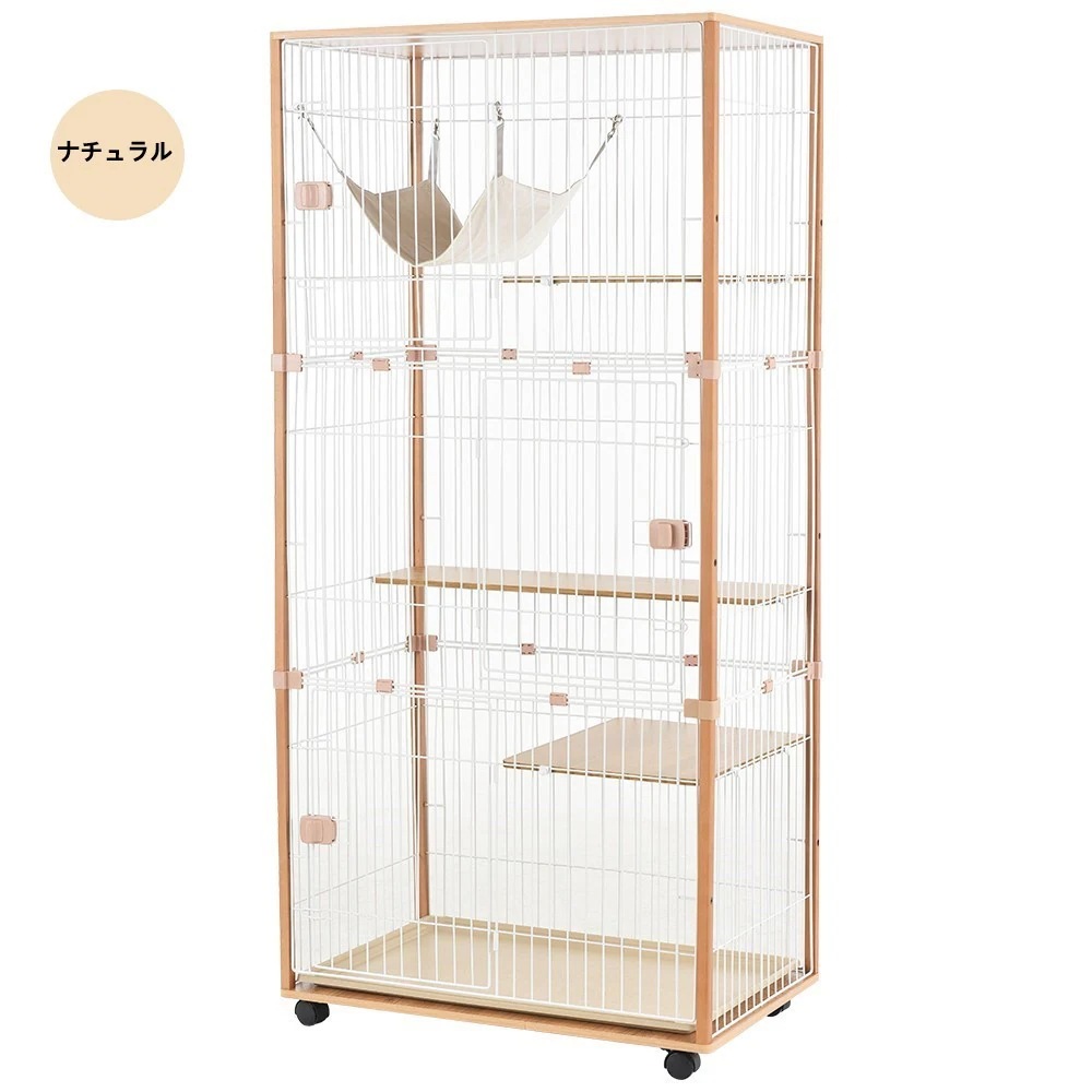 1464猫 キャットケージ ケージ 木製 キャットハウス ネコ ハウス 留守番 保護 脱走防止 多頭飼い 多頭 スチール 三段 （ナチュラル）