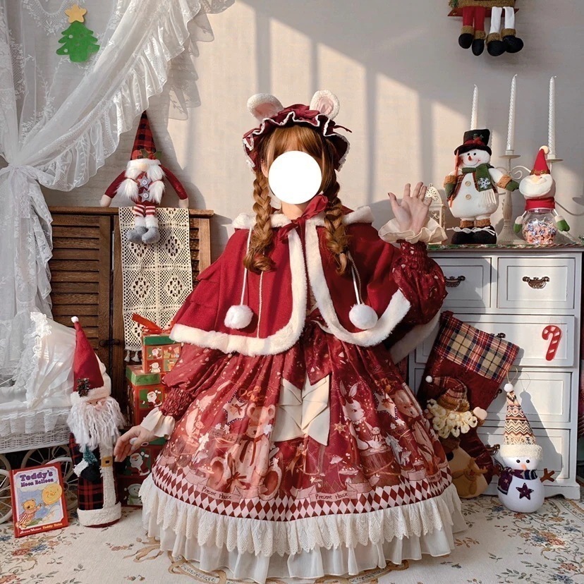 【フルセット】デザイン甘い熊ギフトハウスlolita長袖opワンピースマントクリスマス新