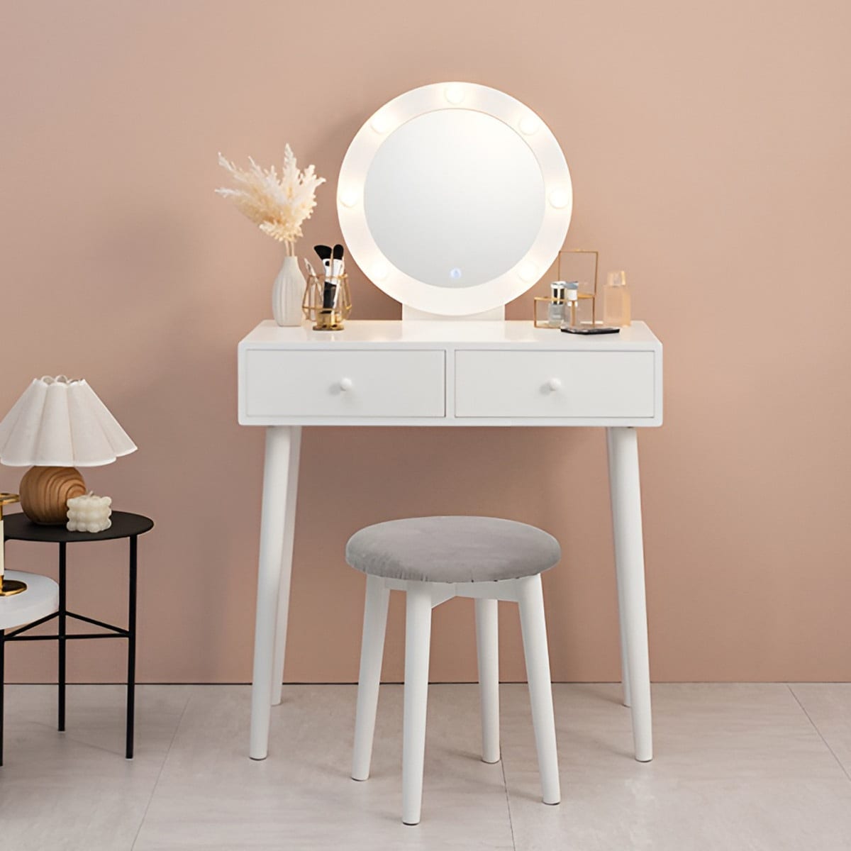ドレッサー 幅75cm 丸ミラー ライト スツール付き 鏡台 椅子 セット 調光 LEDライト付き 丸 ミラー 鏡付き 化粧台 メイク台 コンパクト デスク おしゃれ ホワイト 白