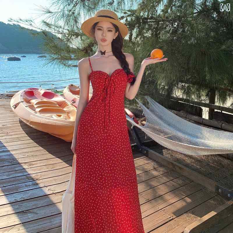 海辺 旅行 ロング スカート 赤 サスペンダー ドレス 休日 ビーチ エレガント ワンピース 夏 ノースリーブ Aライン プルオーバー レディース