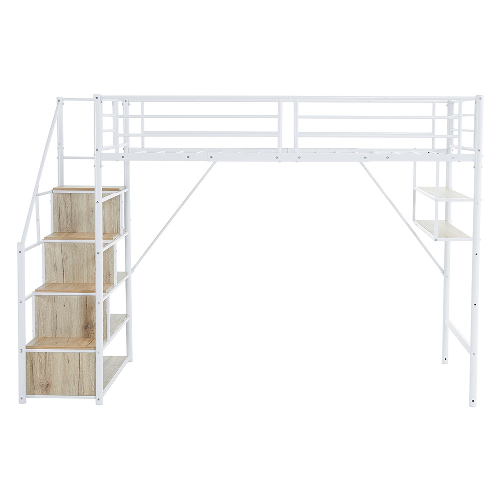 新作 ホワイト　ロフトベッド 片側手すり付き 収納付き パイプベッド シングルベッド 木 北欧風 子供部屋 スチール 耐震 ベッド