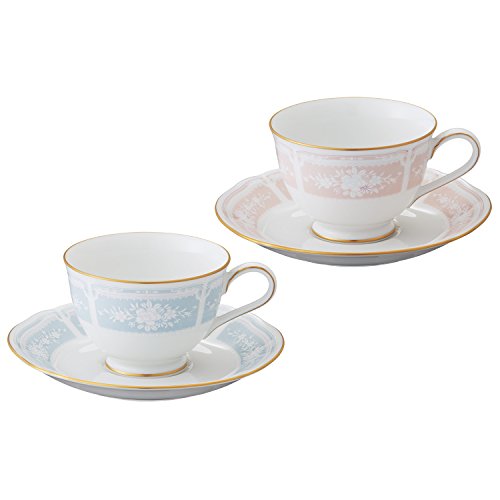 Noritake ノリタケ カップ ＆ ソーサー ( 色変り ペアセット ) ( コーヒー ティー 兼用) 220cc レースウッドゴールド 2客 ブルー ピンク ファインポーセレン Y6578A/1